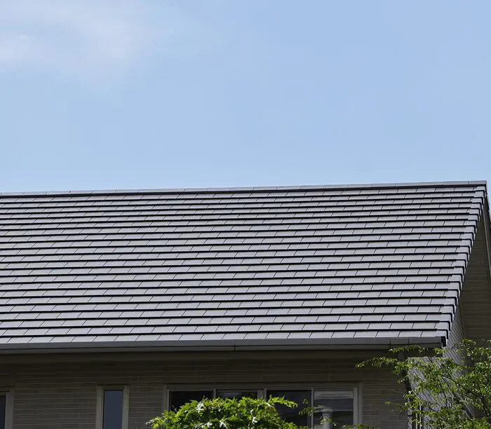 House with sloped roof and blue sky.