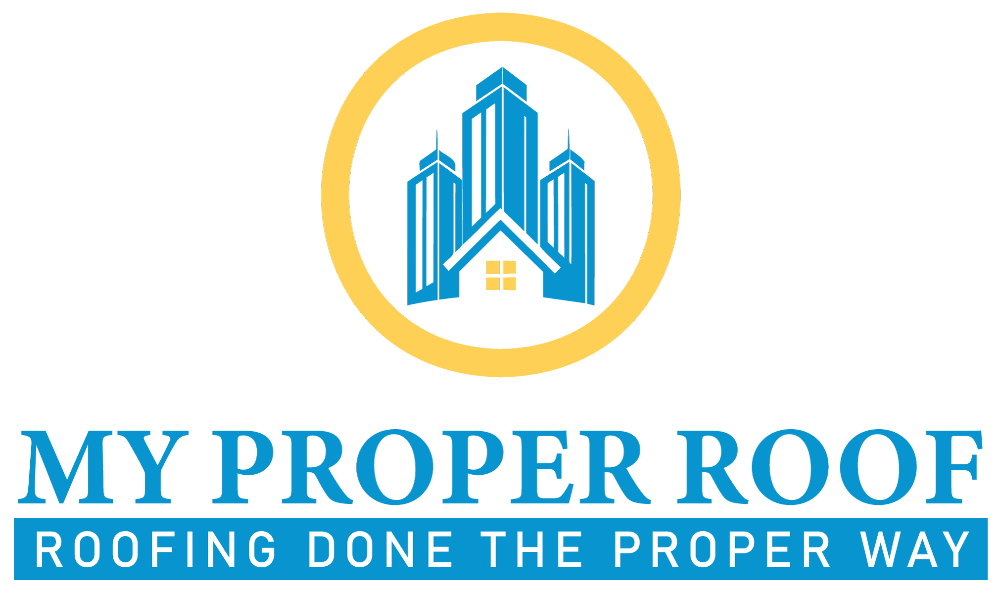 Logo with blue buildings and a yellow roof inside a yellow circle.